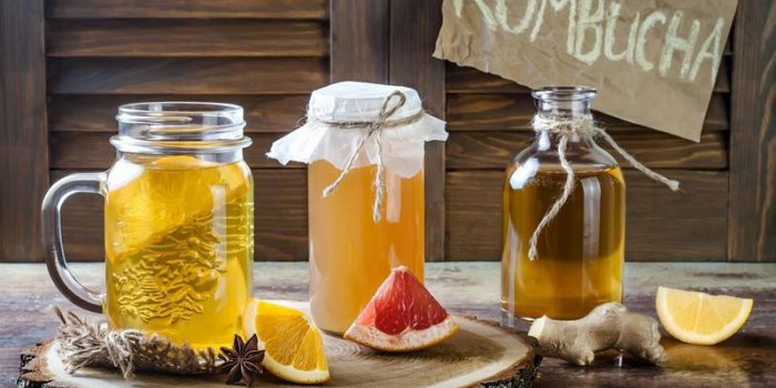 thé de kombucha cru fermenté maison avec différents arômes boisson de probiotique naturel sain boisson aromatisée
