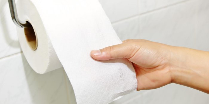 main de femme tenant le rouleau de papier toilette