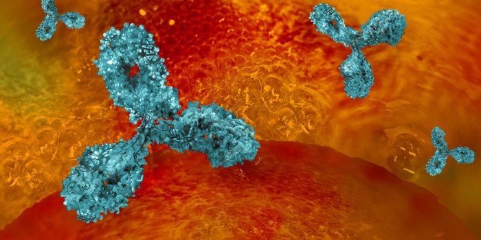 monoclonal antibody orange, red background 3d rendering