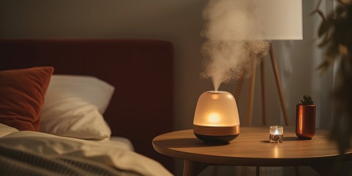 a warm-toned bedroom, humidifier on the table, generative ai