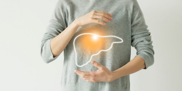 woman in casual grey clothes suffering from indigestion pain, highlighted vector visualisation of liver
