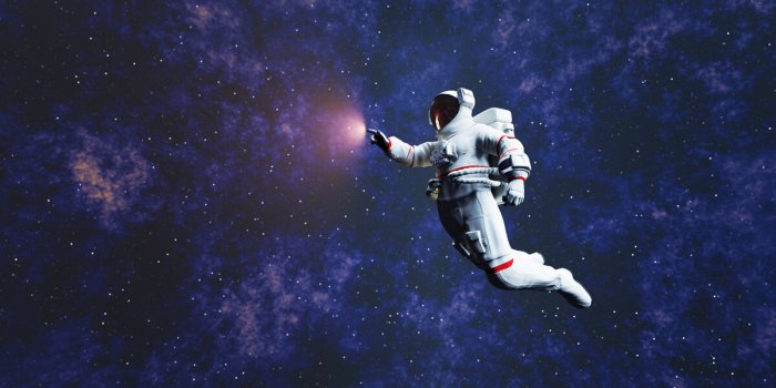 astronaut spacewalk in space and touching orb of light 3d render
