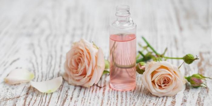 bouteille d'huile essentielle et roses roses