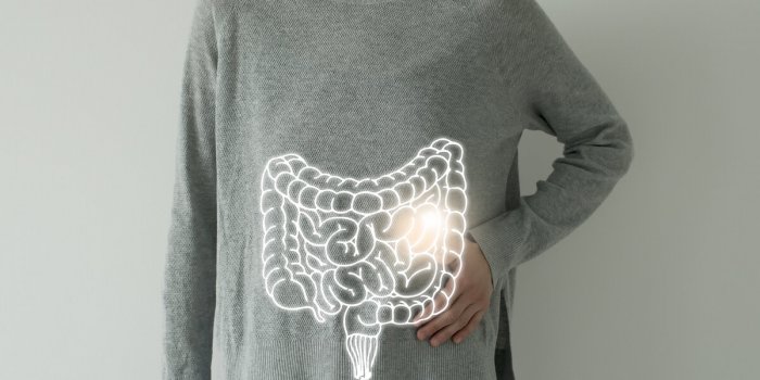 woman in casual grey clothes suffering from indigestion pain, highlighted vector visualisation of intestine