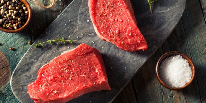 raw organic grass fed sirloin steak with salt and pepper