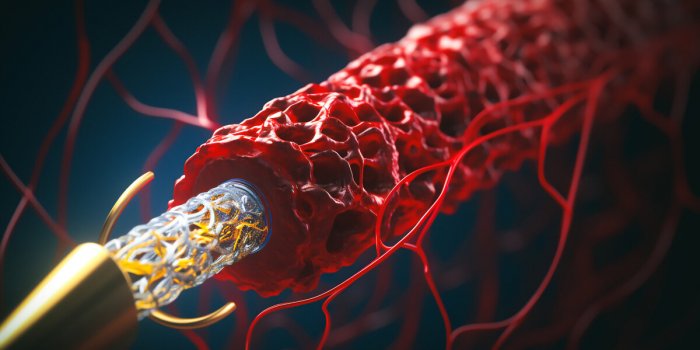 the image displays a close-up view of a stent retriever in action, positioned within a blood vessel to retrieve a clot