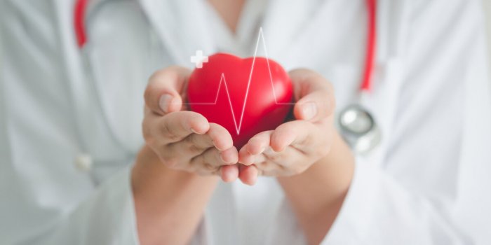 female medical doctor holding red heart shape in hand with graphic of heart beat, cardiology and insurance concept