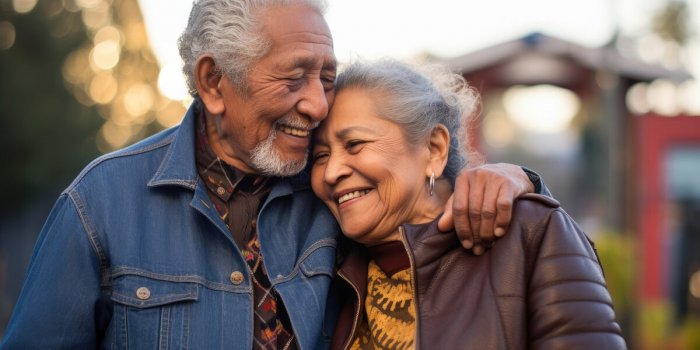an elderly hispanic couple enjoying outdoors, their love palpable, reflecting a latin american immigrant's fulfilling ret...