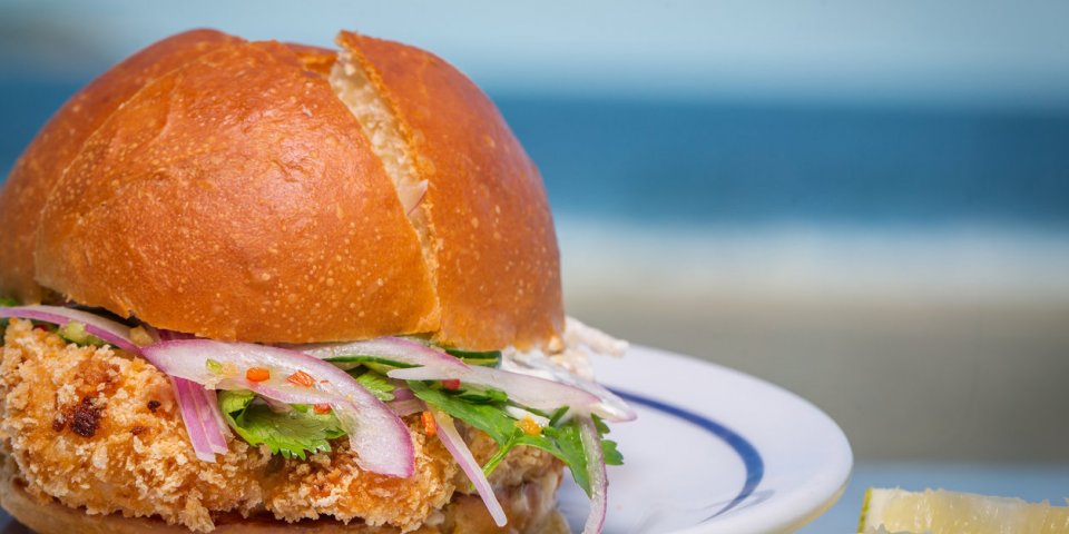 delicious fish burger with salad, onion and lemon with the beach in the background