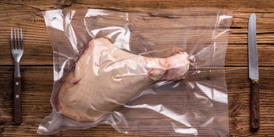 turkey drumstick in plastic shrink wrap