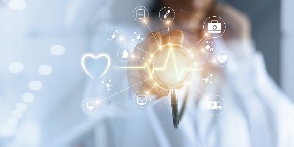 medicine doctor and stethoscope in hand touching icon medical network connection with modern virtual screen interface, me...