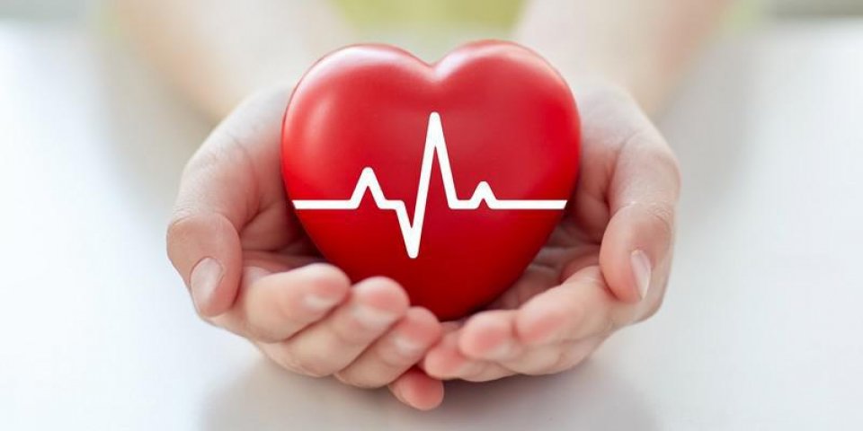 concept de santé, de médecine, de personnes et de cardiologie - gros plan de main avec cardiogramme sur petit coeur rouge