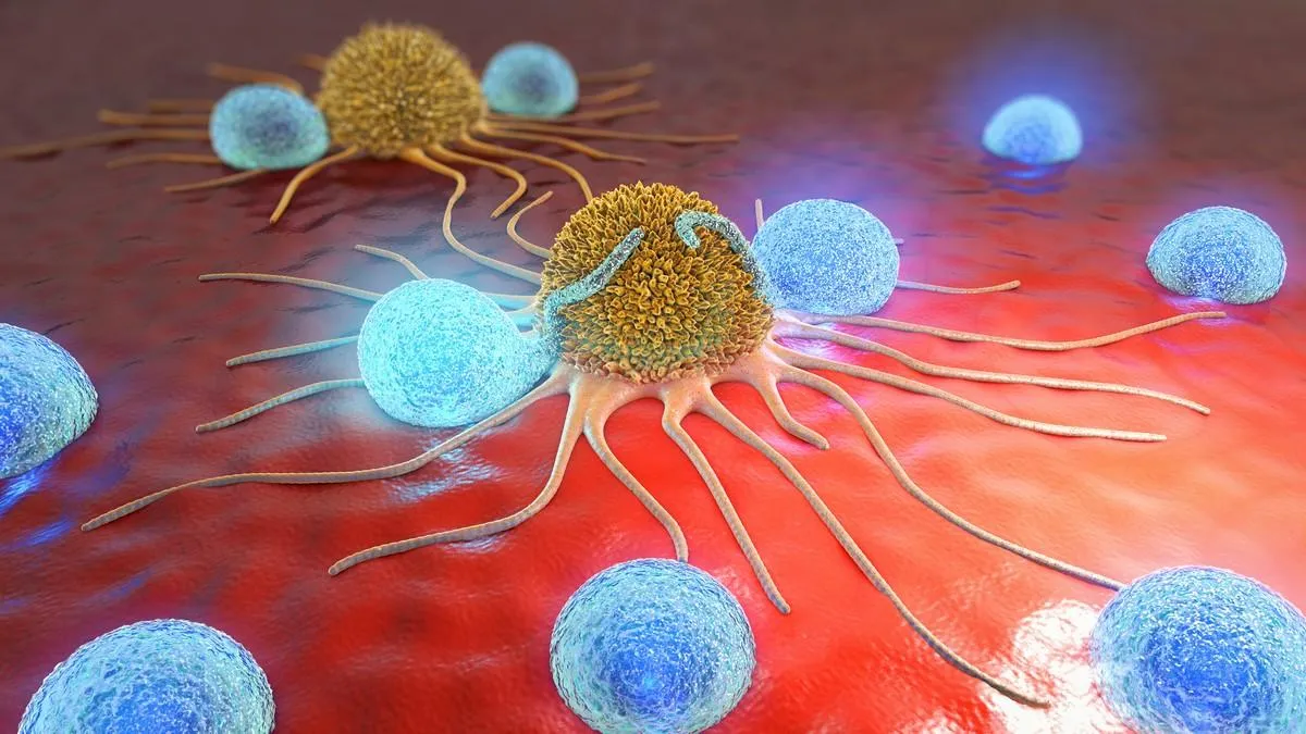 3d illustration of a cancer cell and lymphocytes