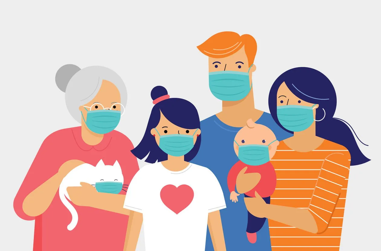 family, mother, father, baby and a girl wearing medical masks during coronavirus pandemic outbreak covid-19 concept self isolation, quarantine vector flat style illustration
