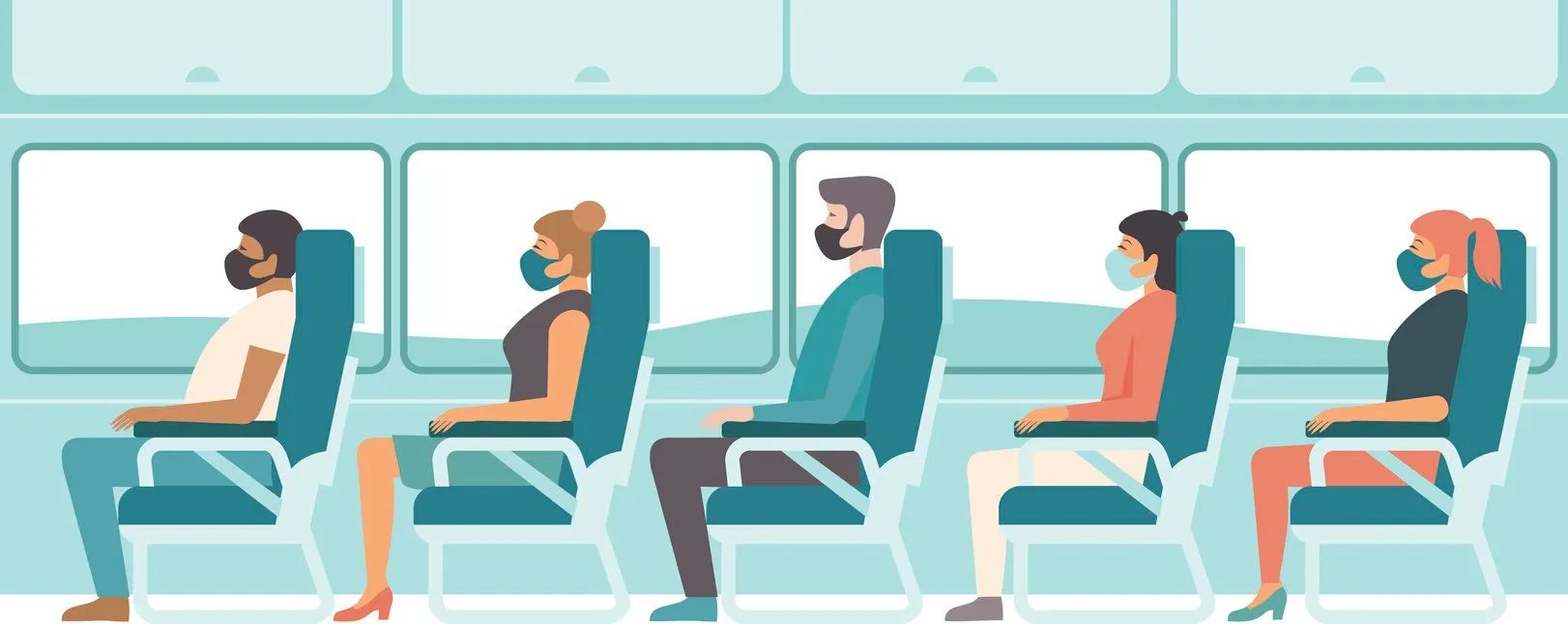 passengers wearing protective medical masks travelling by bus or train travel during coronavirus covid-19 disease outbreak concept flat vector illustration