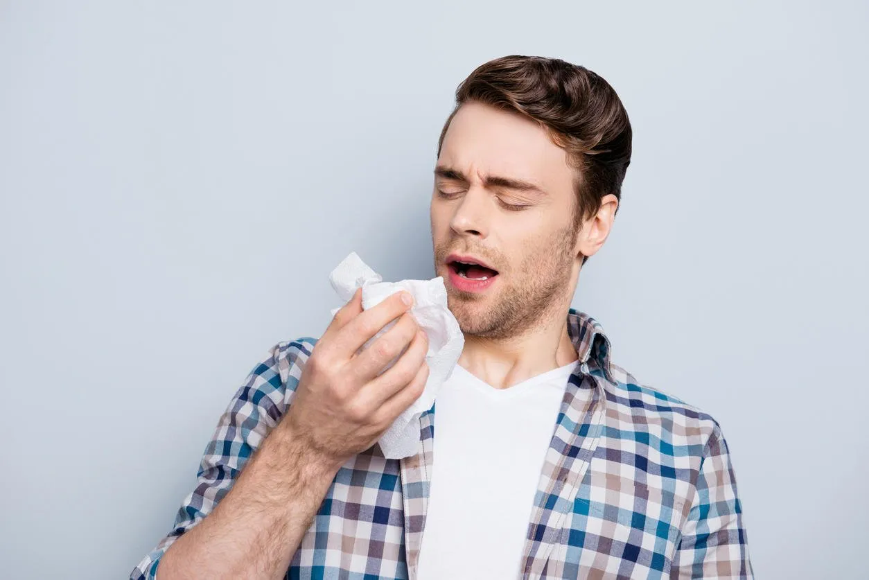 portrait of attractive, handsome, stylish guy in checkered shirt, sneezing with open mouth and close eyes, holding tissues for his runny nose, having a cold, standing over grey background