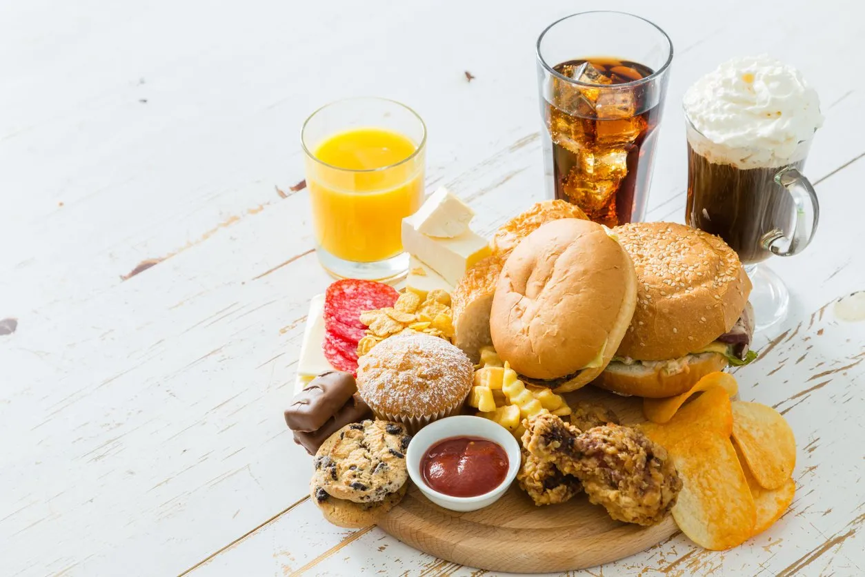 selection of food anf drinks that are bad for your health, copy space