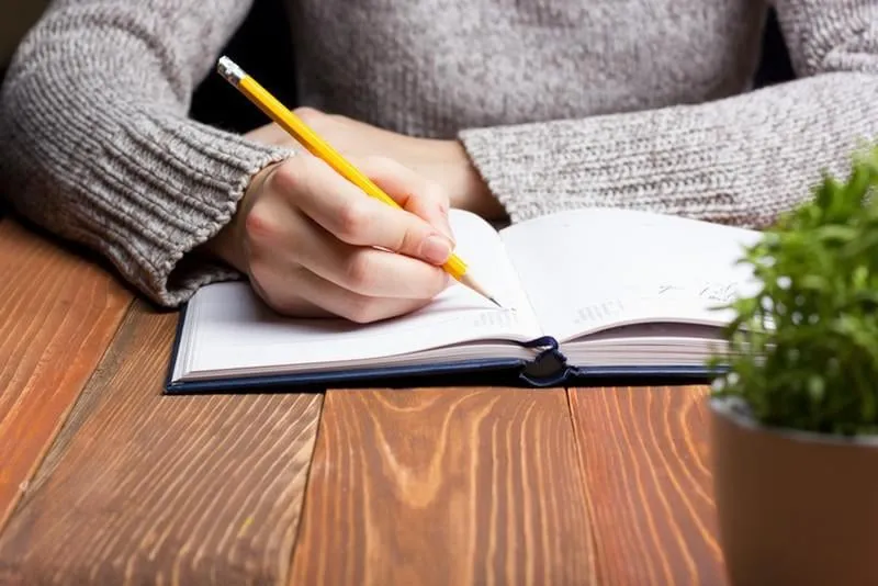 mains féminines avec un crayon écrivant sur ordinateur portable