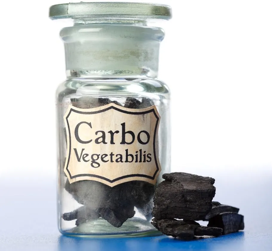 matériau de base homéopathique, carbo vegetabilis, carbone pur en bouteille et morceaux autour