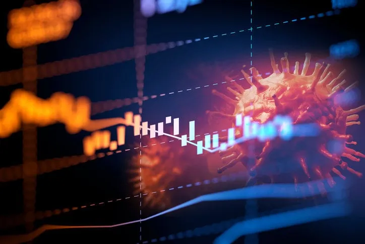 down trend financial graph on ncov corona virus microscope image ,concept of economic crisis effect by covid -19 3d illustration