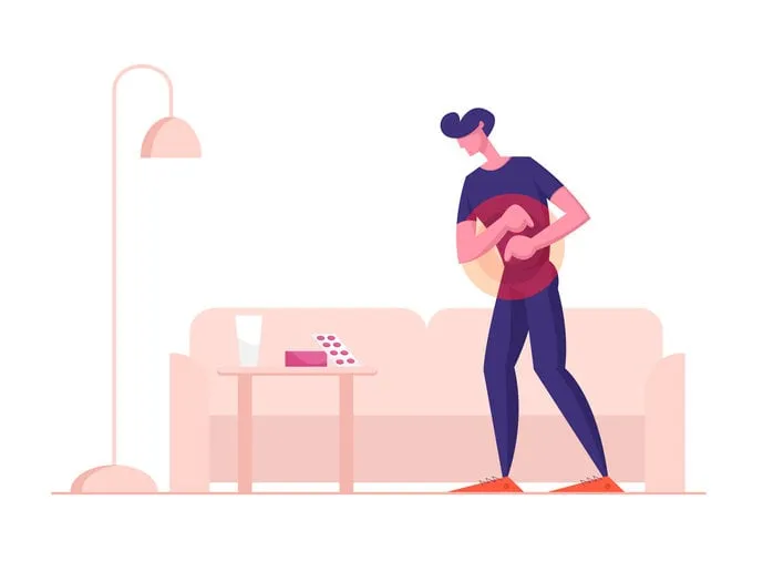 sad sick young man feel pain in stomach food poisoning, digestive tract indigestion, stomachache pain sick male character abdominal ache or spasm health care concept cartoon flat vector illustration