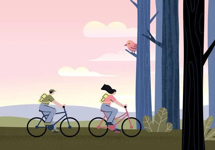 couple with backpacks cycling in the parkfully editable vectors on layers