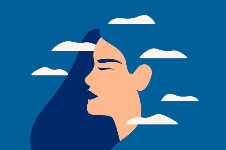 a sad young woman has a clouded mind on blue background a depressed girl suffers from temporary memory loss and confusion vector illustration