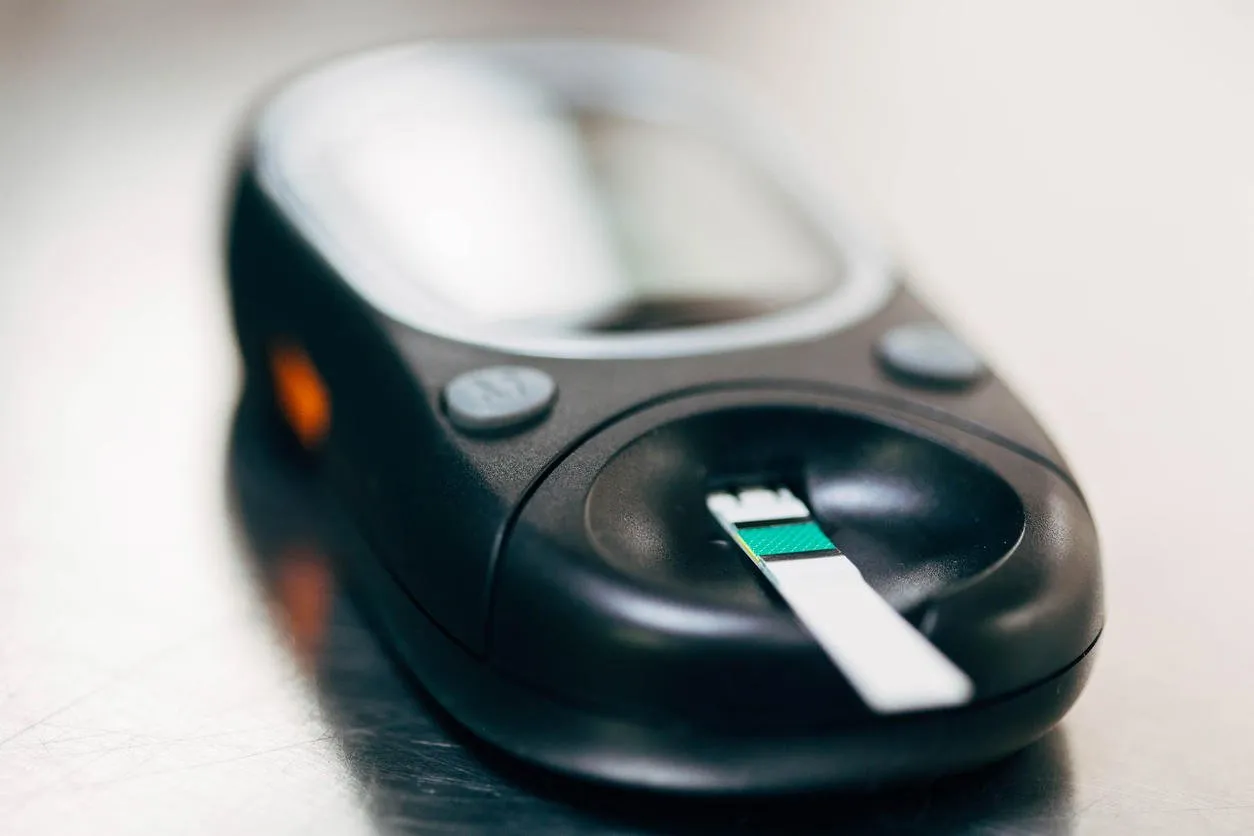 close up of a blood glucose monitor as used to test sugar levels in diabetics