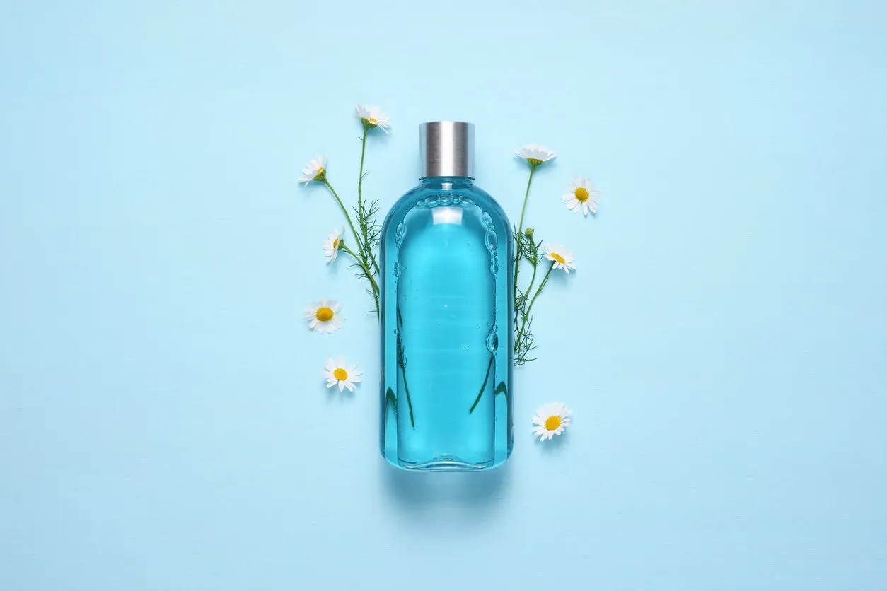 cosmetic bottle and chamomile flowers on blue table top view