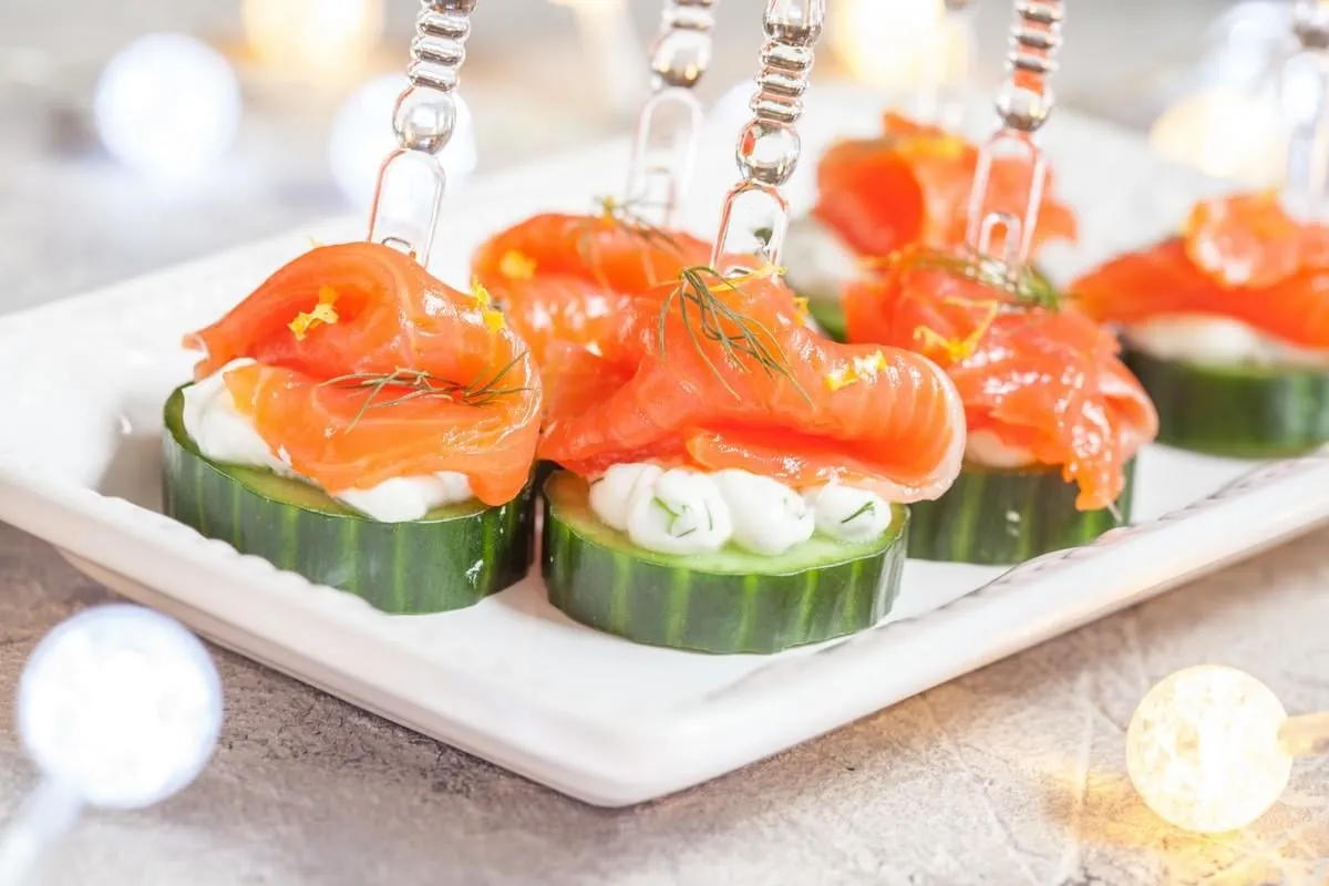 cucumber canape with dill cream cheese and smoked salmon appetizer