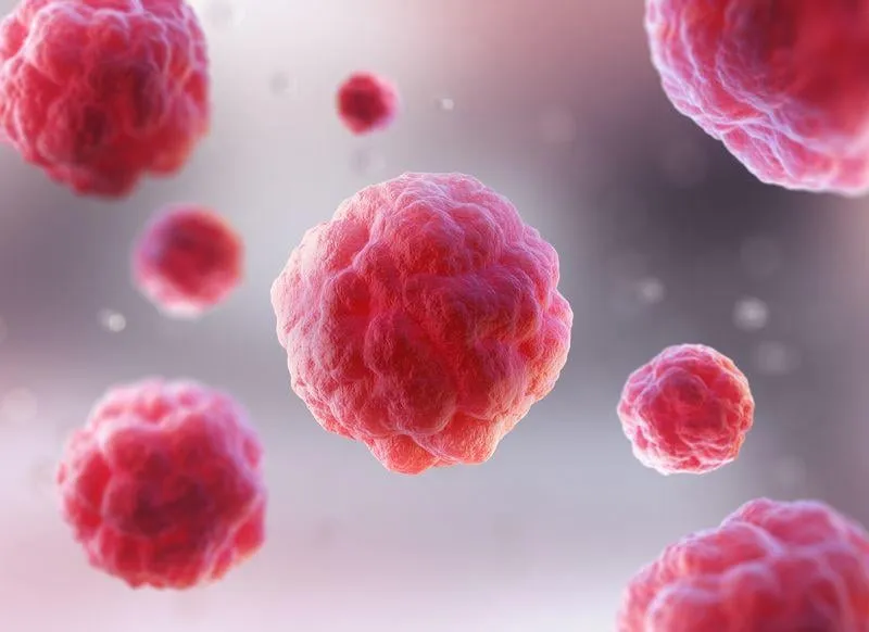 microscope of red human cell, research of stem cells 3d illustration