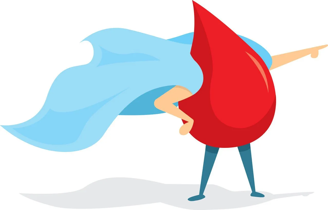 cartoon illustration of blood drop standing with cape
