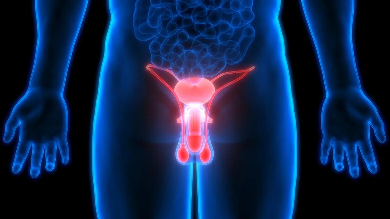 3d illustration of male reproductive system anterior view anatomy