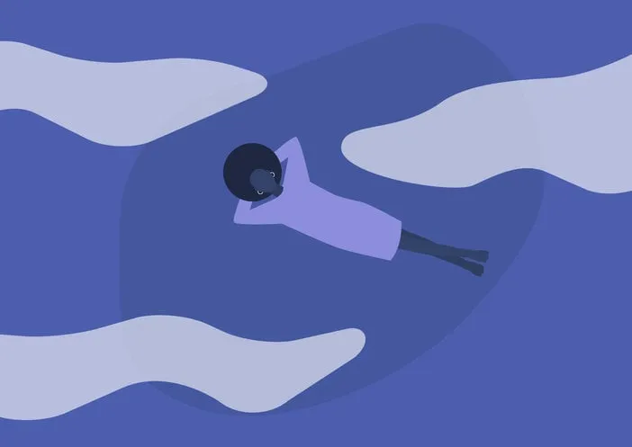 young dreamy black female character looking at the sky, cloudy weather, meditative mind, imagination and inspiration in nature