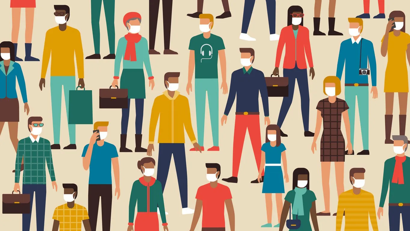 crowd of people wearing a face mask to protect against coronavirus, covid-19 outbreak concept