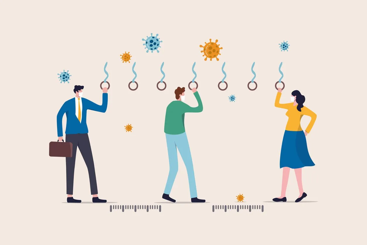 social distancing, people keep distance in public transportation to protect from covid-19 coronavirus outbreak spreading concept, people keep distance away in the train or bus with virus pathogens