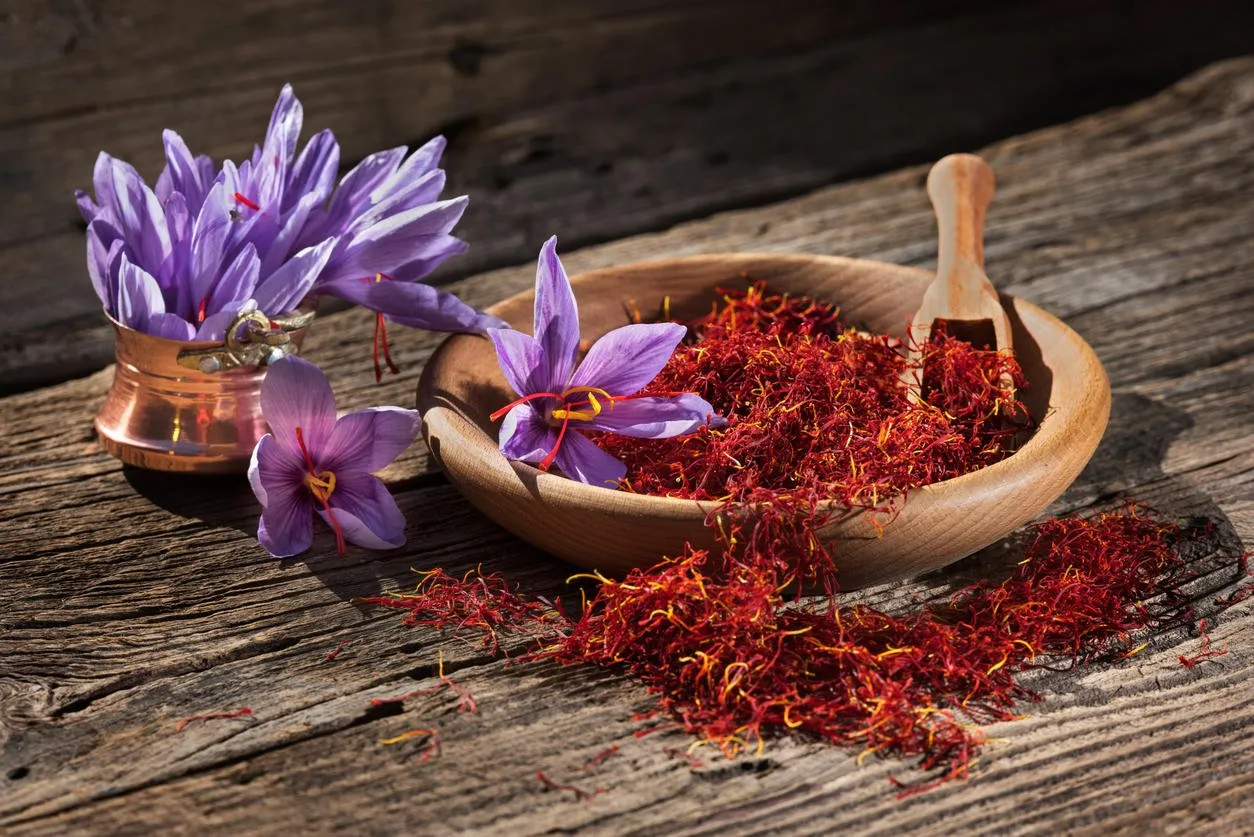 saffron in wooden bowl on wooden table with saffron flowers on the side
