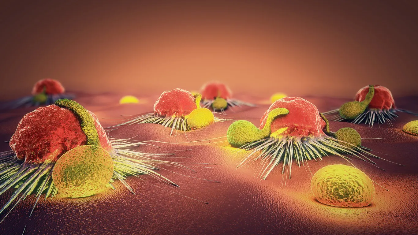 3d illustration of a cancer cell and lymphocytes