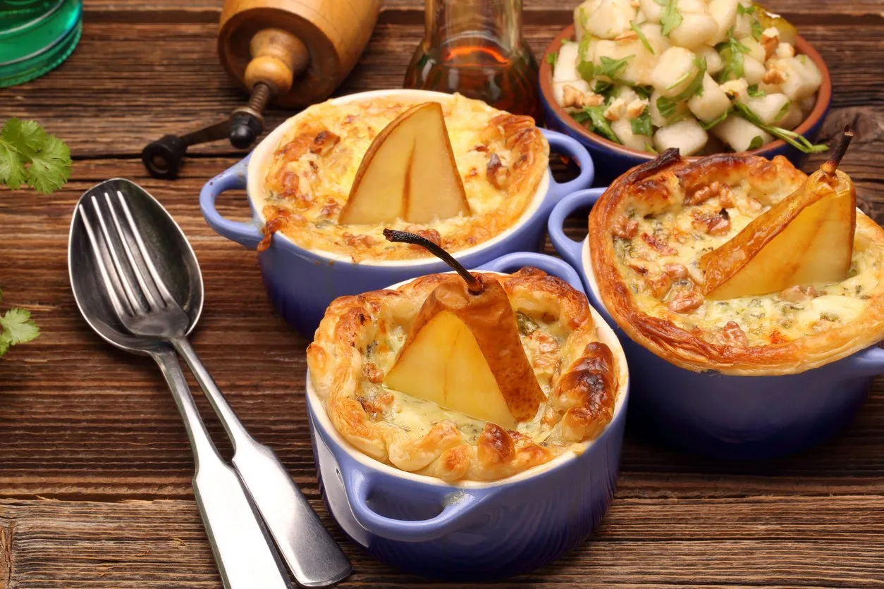 pears baked in puff pastry with blue cheese and walnuts