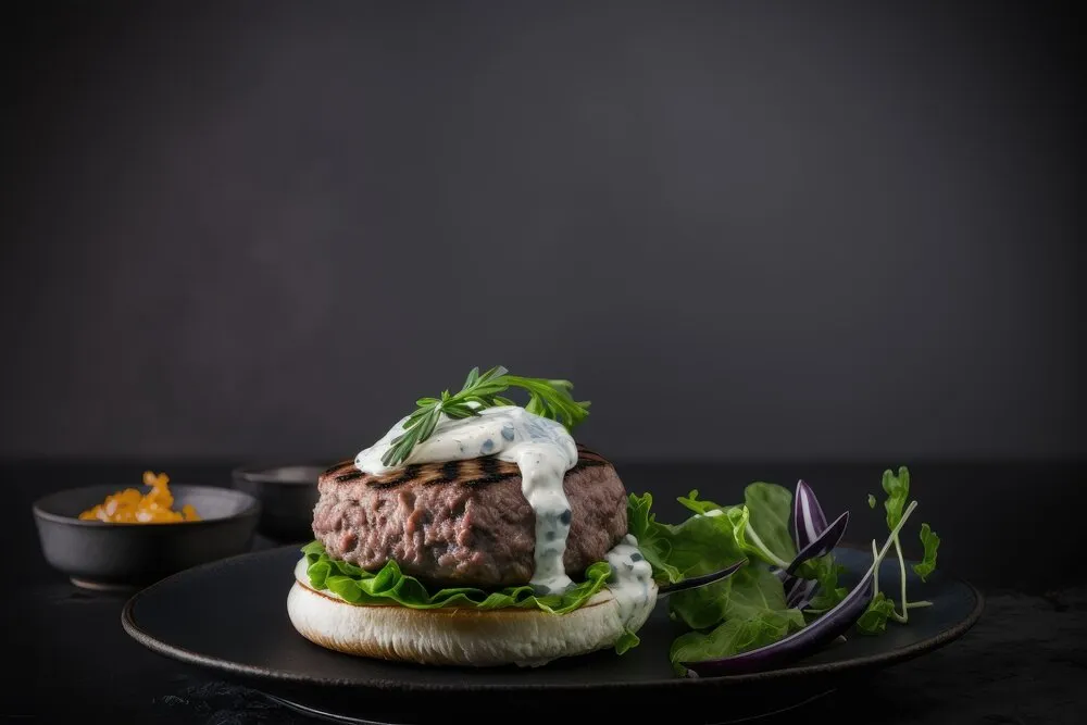 lamb burger with yogurt sauce on a black ceramic plate, generative ai