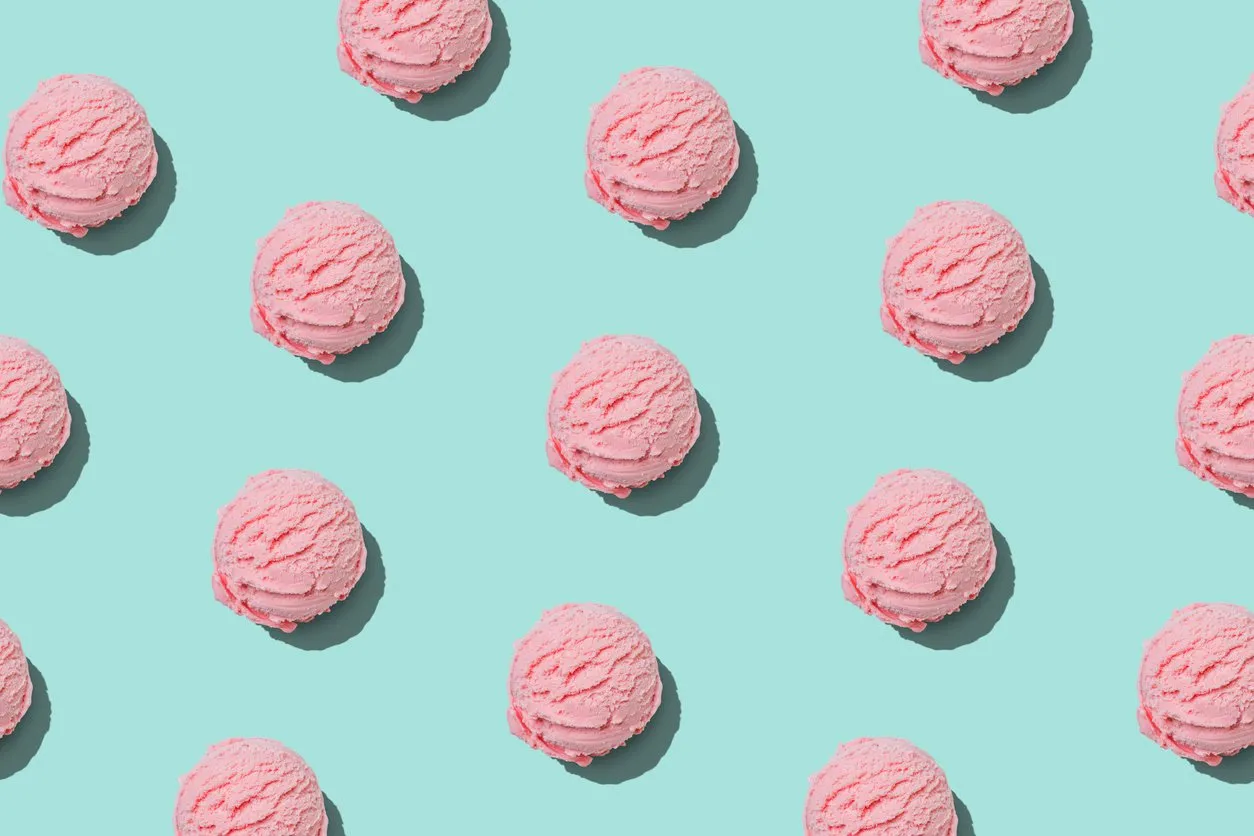 pink ice cream scoops pattern on blue background minimal summer concept