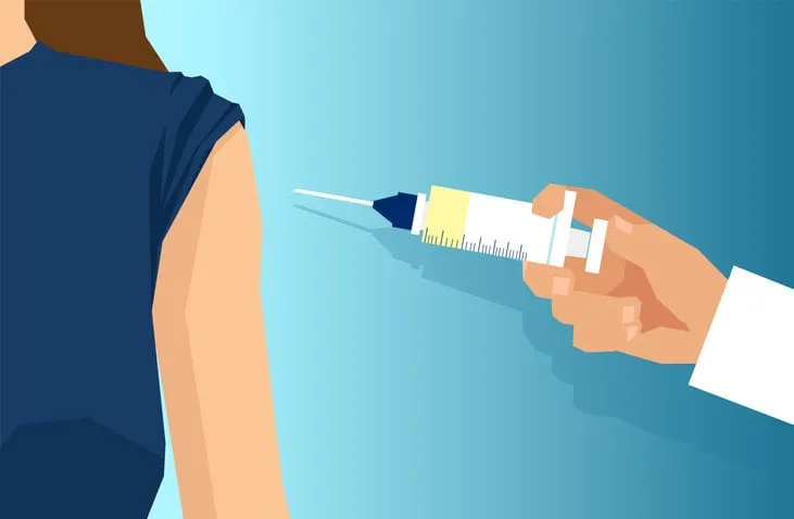 vector of a doctor with syringe injecting vaccine to a patient shoulder