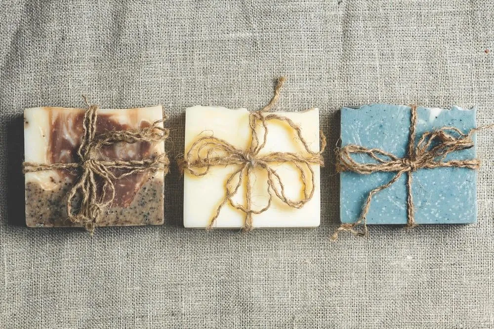 organic handmade soap slices on linen cloth