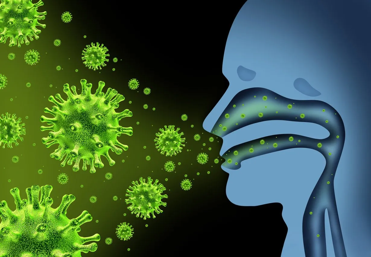 flu virus spread caused by influenza with human symptoms of fever infecting the nose and throat as deadly microscopic microbe cells with 3d illustration elements