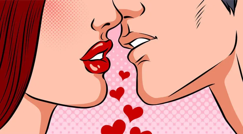 kissing couple on a pink background valentine's day concept pop art vector comic illustration