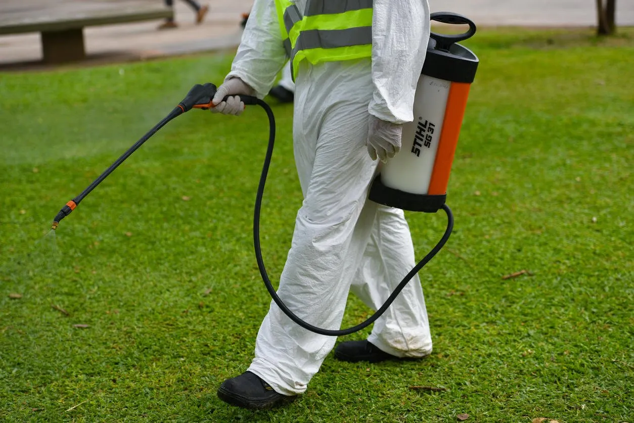 buenos aires, argentina - march 3, 2016  employee of the ministry of environment and public space fumigates for aedes aegypti mosquitos to prevent the spread of zika virus and dengue fever in park