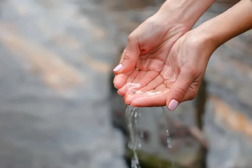 belles mains féminines écopé de l'eau d'un pur printemps
