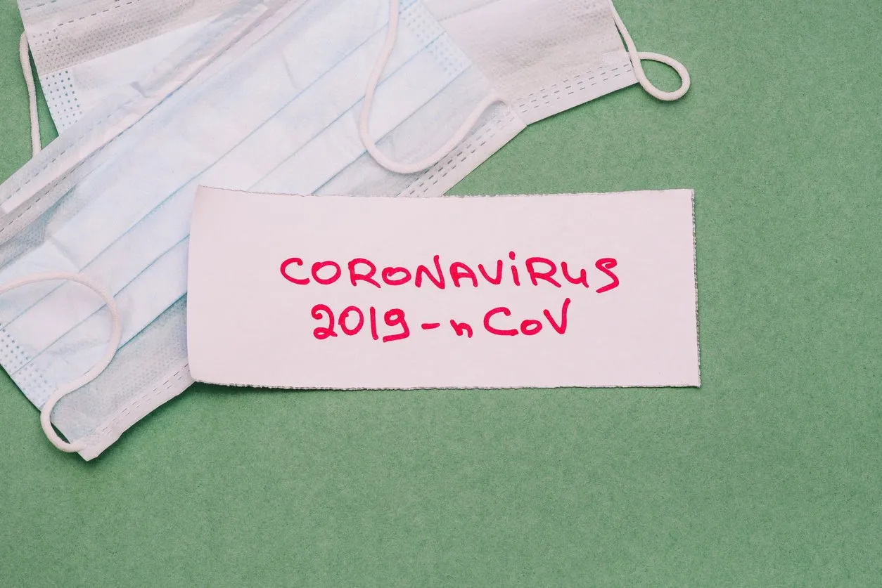 coronavirus 2019-ncov text on paper with a breathing mask on a green background