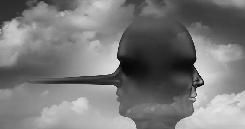 two faced person as an abstract concept for deceit and deceitfulness psychology as contrasting heads of an honest and dishonest side in a 3d illustration style