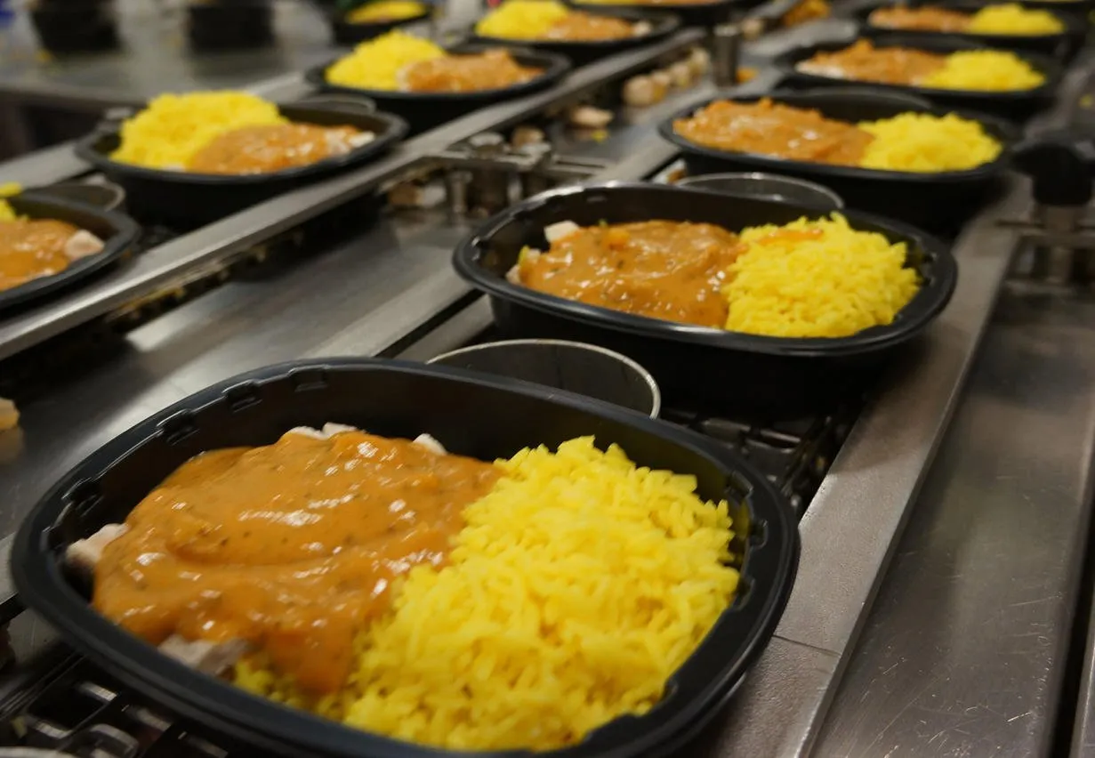 individual portion curry and rice ready-meals being manufactured in a high speed food factory process